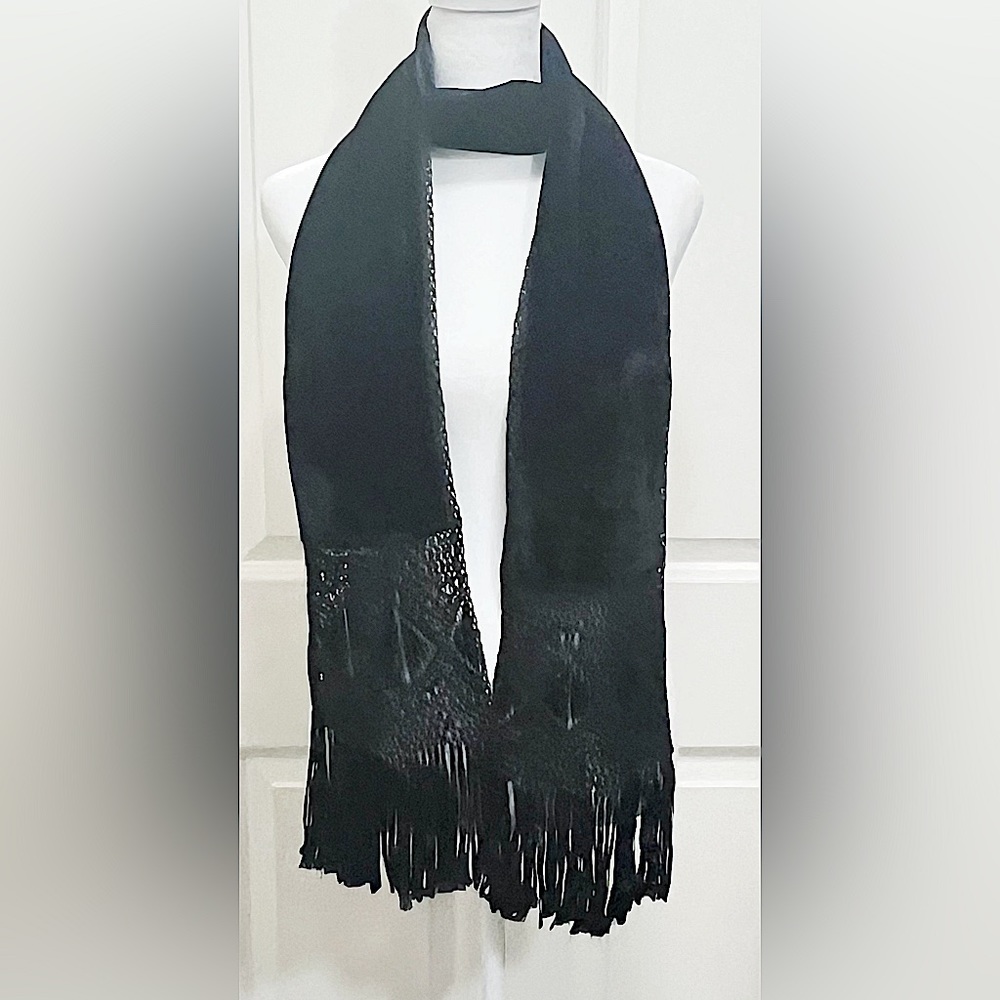 Eyeful Black Velvet Evening Scarf with Woven Ribbon and Edge Tassel